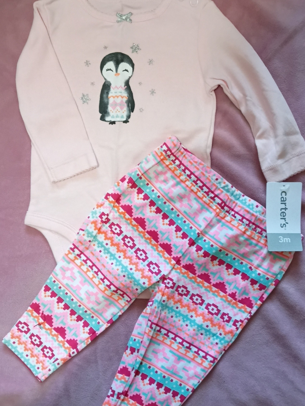 Carter's Girls Pink Penguin Bodysuit & Patterned Leggings Set